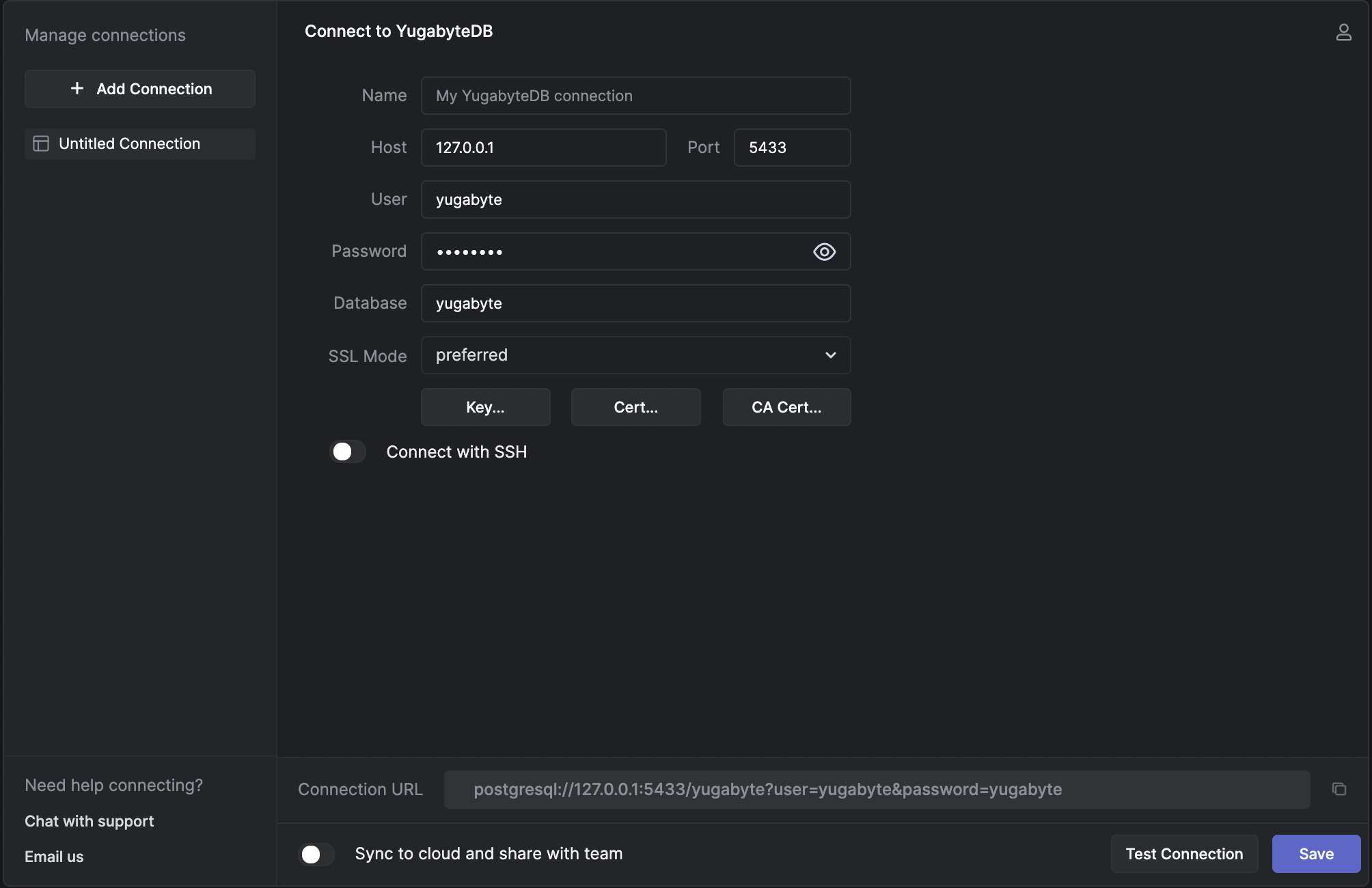 Enter connection parameters